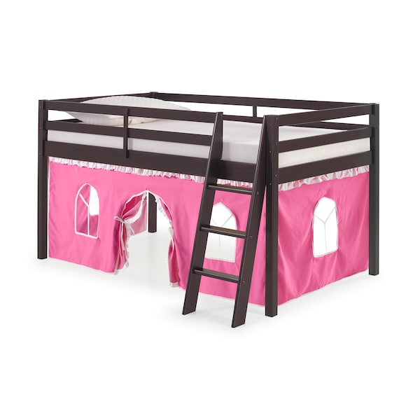 Alaterre Furniture Roxy Twin Wood Junior Loft Bed with Espresso with Pink and White Bottom Tent AJRX10P0ATPWH - main